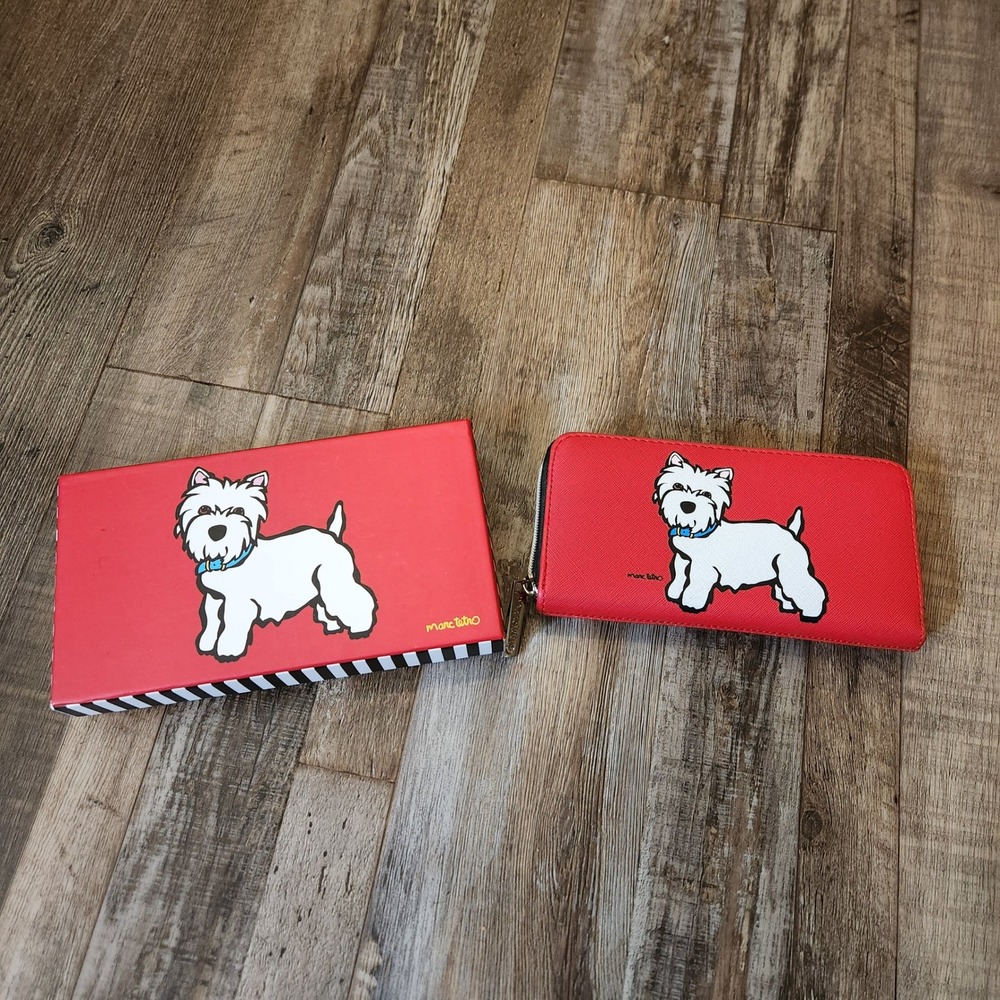 Marc Tetro Red Westie Dog Zip Around Wallet Saffiano Vegan Leather with Box
